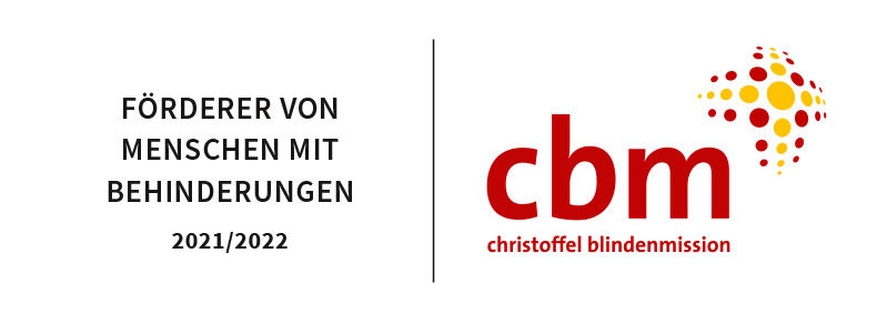 Diese Foto zeigt das Logo von CBM., der Christoffel Blindenmission. Diese Organisation unterstütz unter anderem Augen-Operationen des Grauen Stars in Afrika.