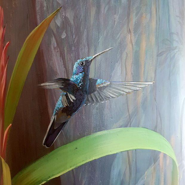 Foto: Firmenkunst Unternehmenskunst Büro. Dschungel, Trompe L'Oeil Malerei, Kunst im Büro, Malerei (Detail, Kolibri): Uwe Fehrmann