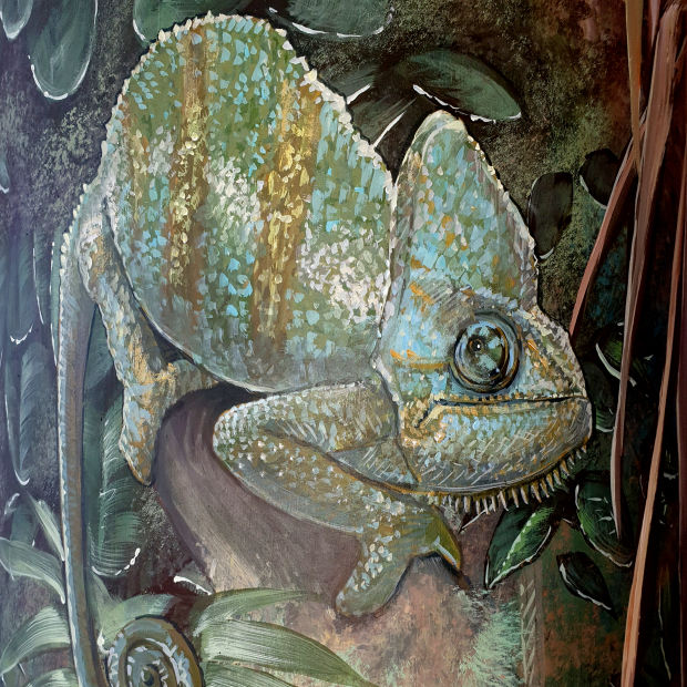 Firmenkunst Unternehmenskunst Büro. Dschungel, Trompe L'Oeil Malerei, Kunst im Büro, Malerei (Detail Chamäleon): Uwe Fehrmann